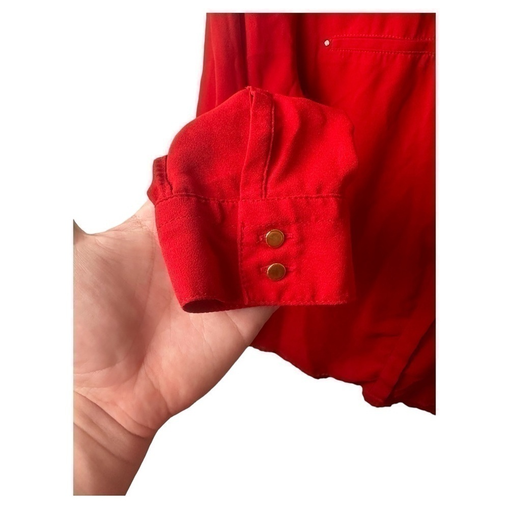 Mango Shirt Womens M Button Up Roll Tab Sleeve Red Gold Accents Light Office - Picture 6 of 11